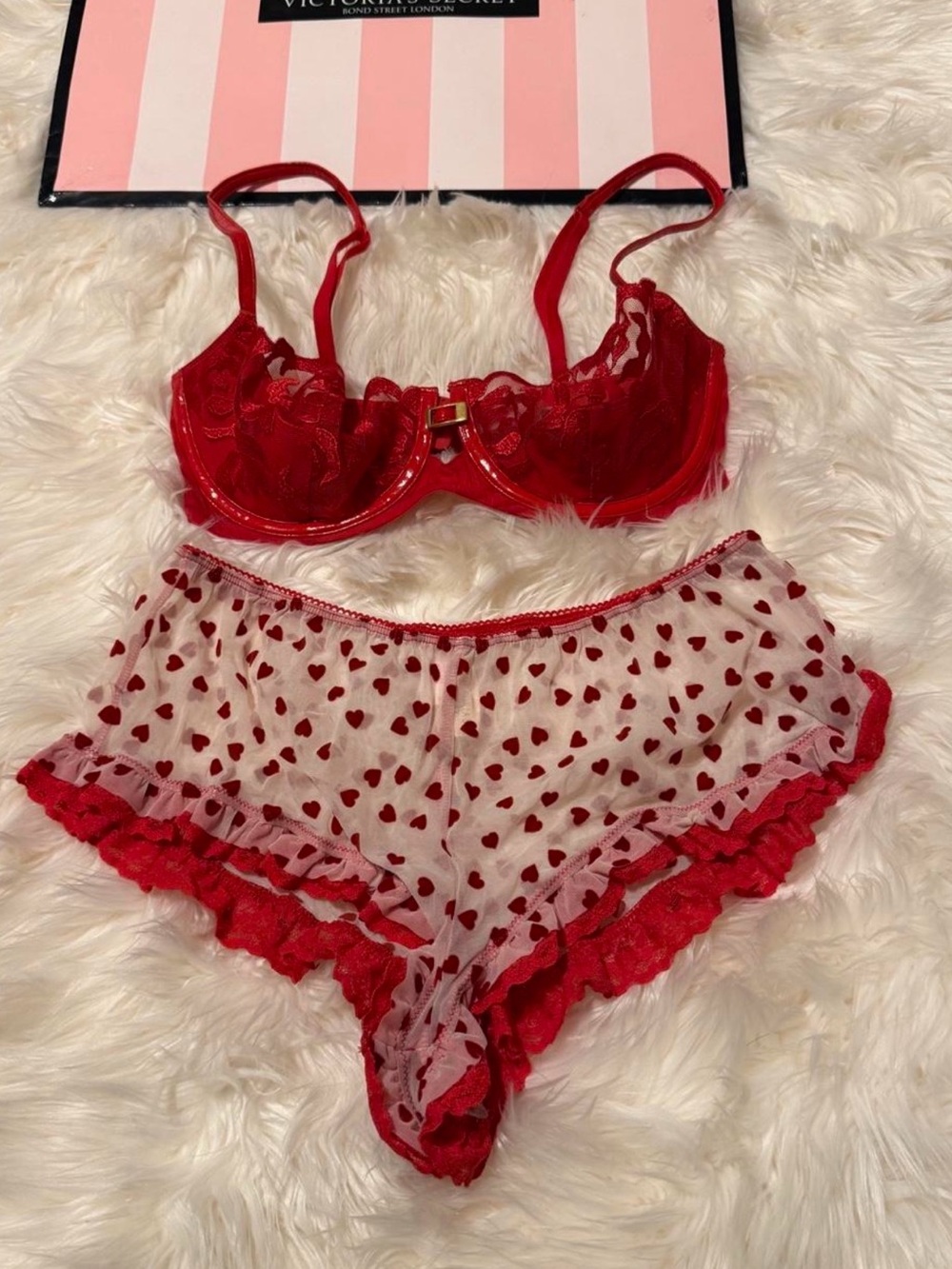 Victoria’s Secret red heart panty short and velvet roses bra set